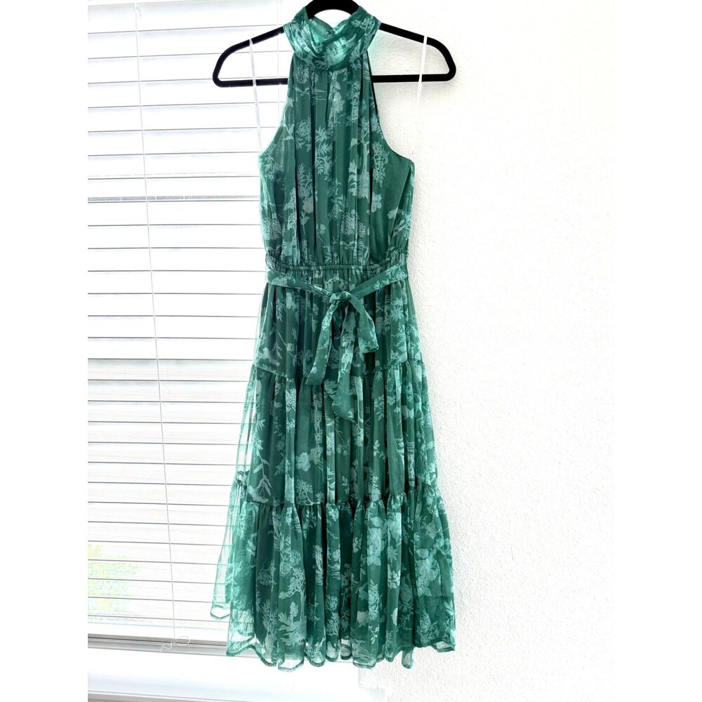 Lulus Float to You Green Floral Print Halter-Neck Tiered Midi Dress NWT XL